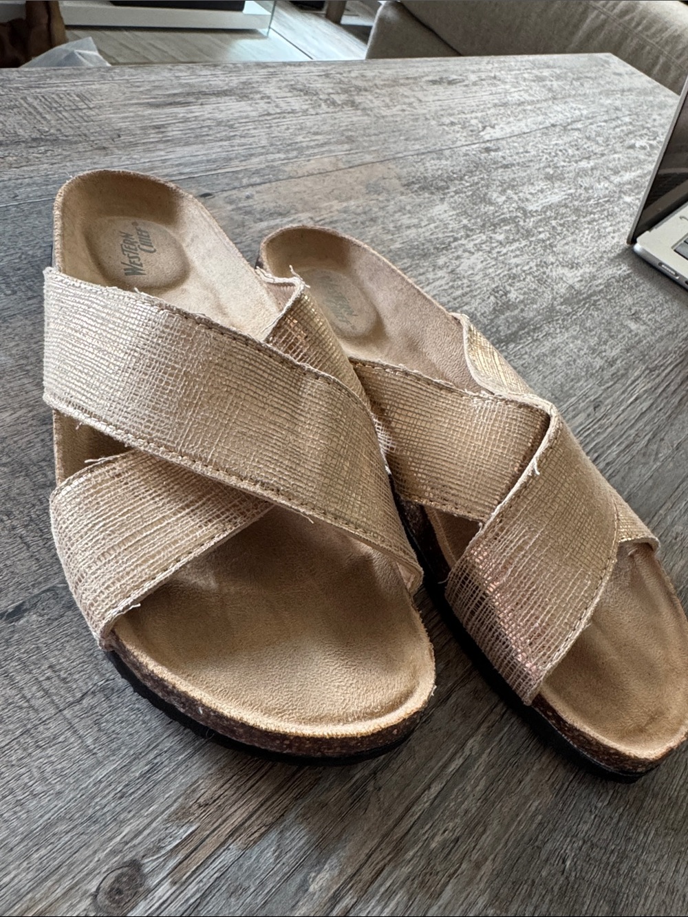 Western Chief Women's Crossband Metallic Slide Sandal in Light Gold